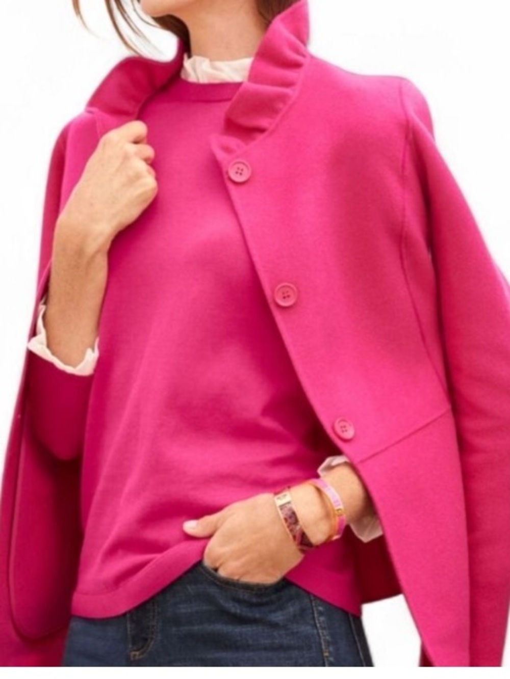 Talbots Bright Fuchsia Wool Ruffle Neck Peplum Jacket sz 6P